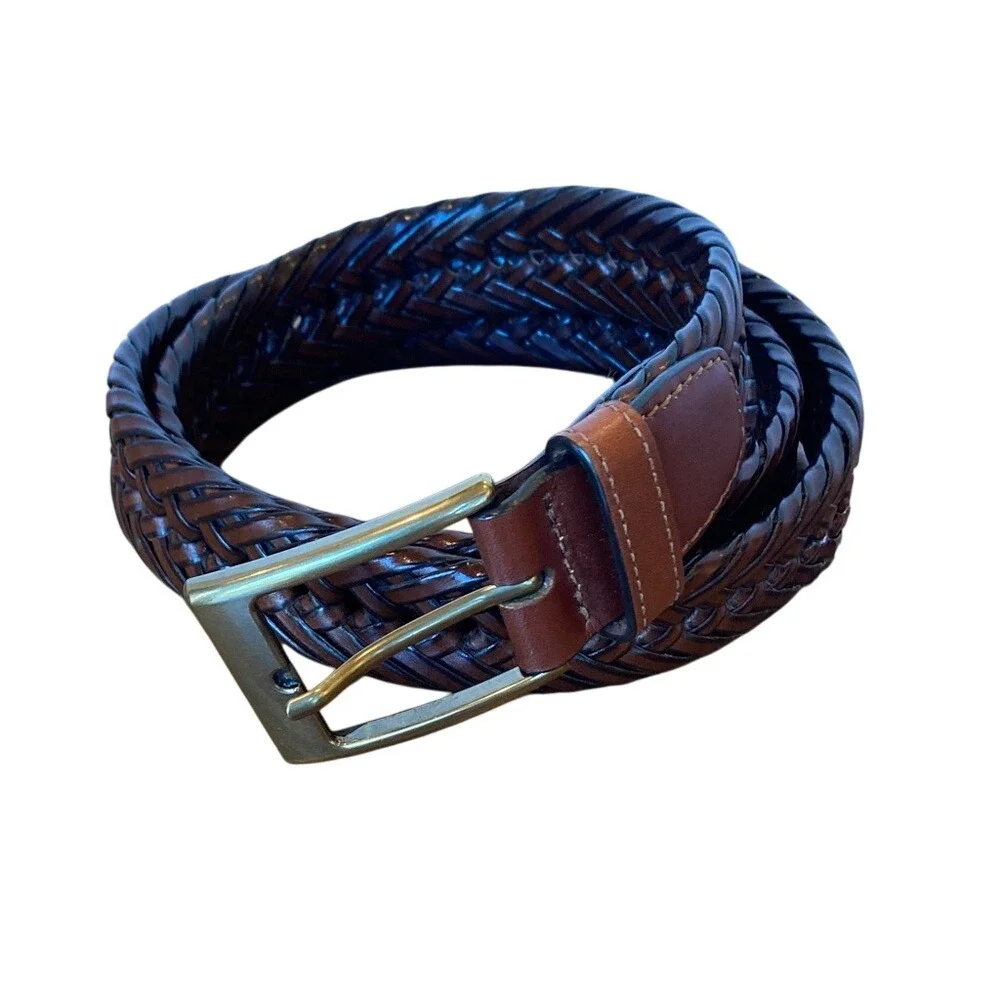 Men's Brown Herringbone Leather Trim Belt Size 36 Classic Basic Brushed Gold